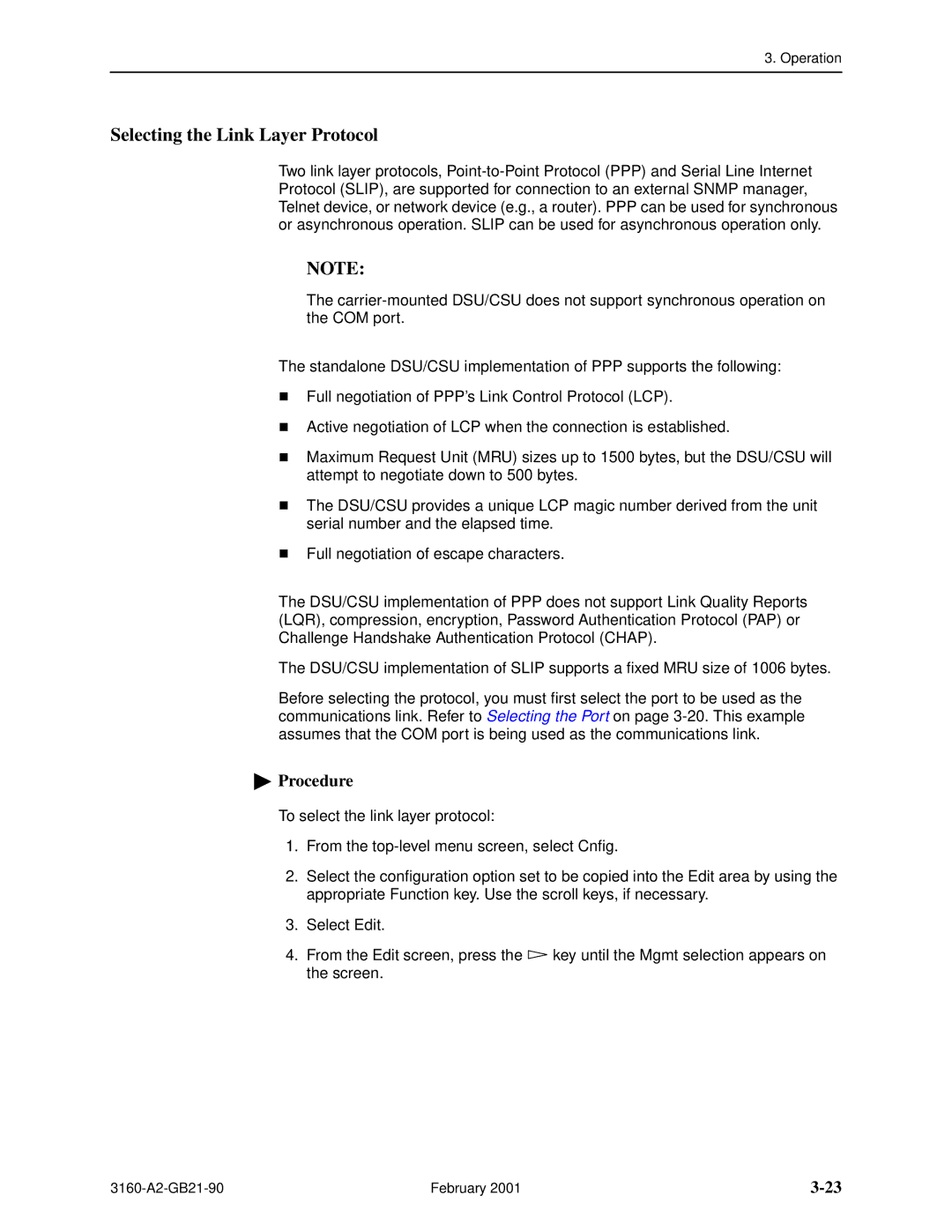 Paradyne 3164-A2, 3165-A2, 3160-A3, 3161-B3 manual Selecting the Link Layer Protocol 