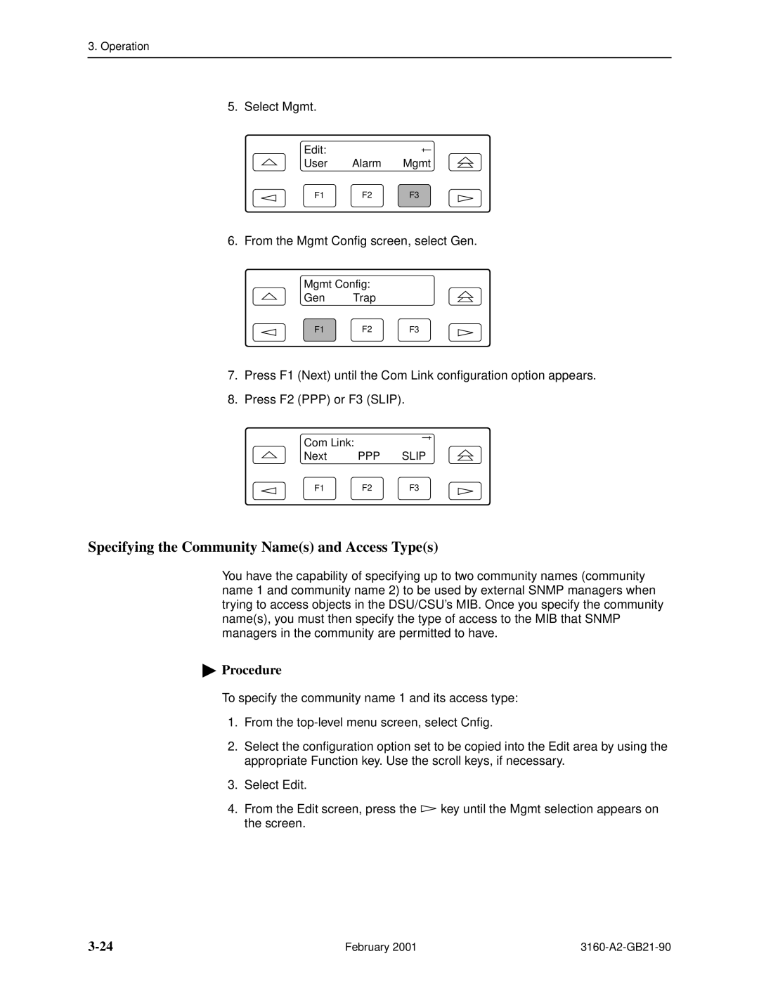 Paradyne 3160-A3, 3165-A2, 3164-A2, 3161-B3 manual Specifying the Community Names and Access Types 