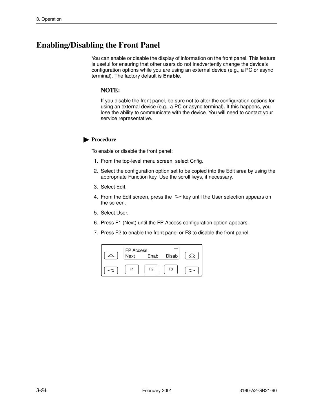 Paradyne 3165-A2, 3164-A2, 3160-A3, 3161-B3 manual Enabling/Disabling the Front Panel 