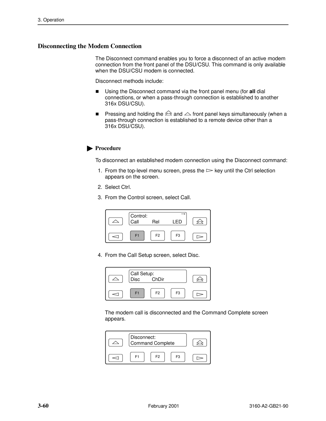 Paradyne 3160-A3, 3165-A2, 3164-A2, 3161-B3 manual Disconnecting the Modem Connection 