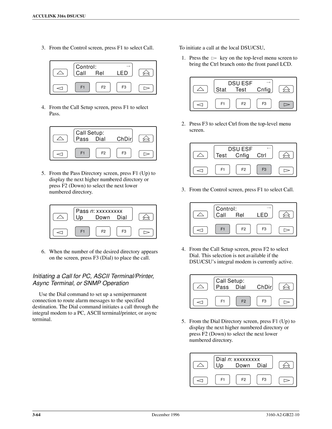 Paradyne 316x manual Call Setup Pass Dial ChDir, Pass n Up Down Dial, Dial n Up Down Dial 