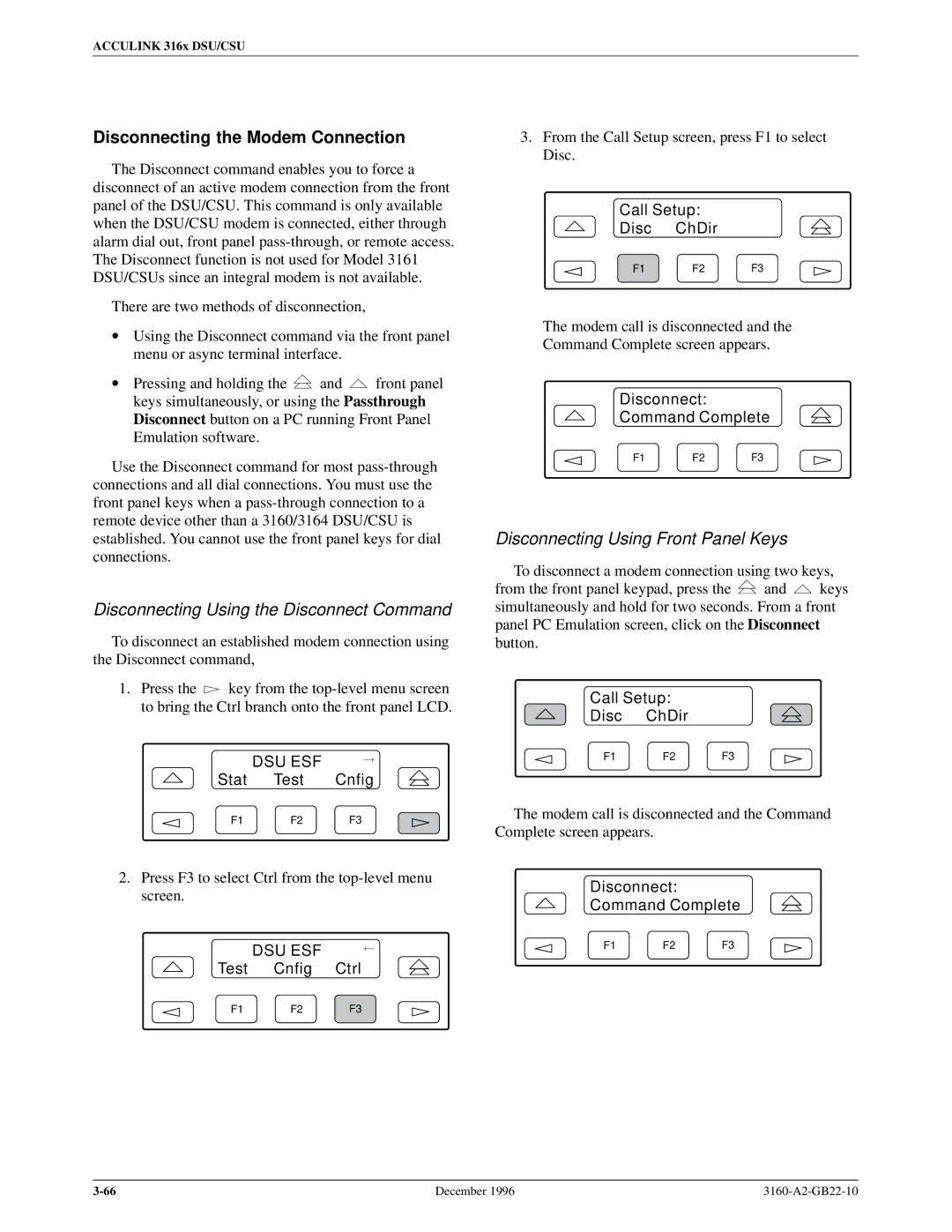 Paradyne 316x manual Disconnecting the Modem Connection, Disconnecting Using the Disconnect Command, Call Setup Disc ChDir 