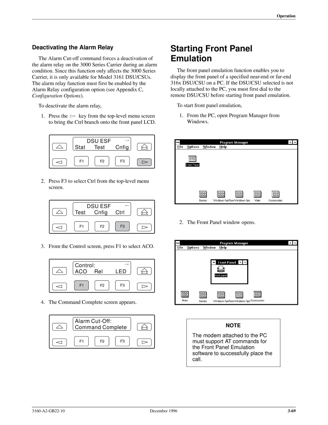 Paradyne 316x manual Starting Front Panel Emulation, Deactivating the Alarm Relay, Control ACO Rel LED 