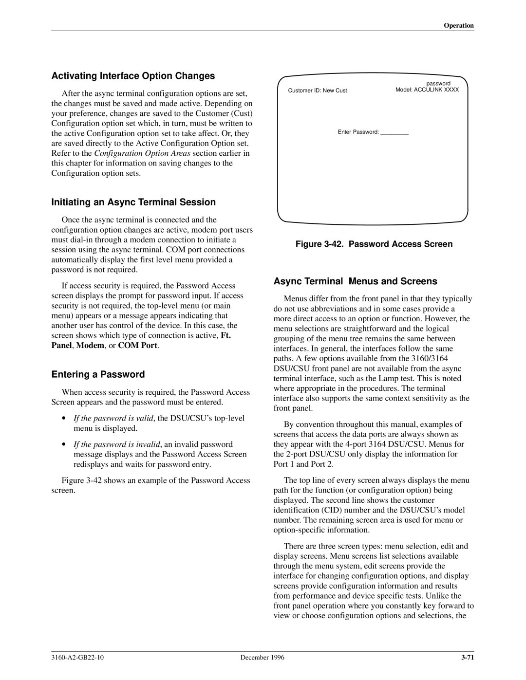 Paradyne 316x manual Activating Interface Option Changes, Initiating an Async Terminal Session, Entering a Password 