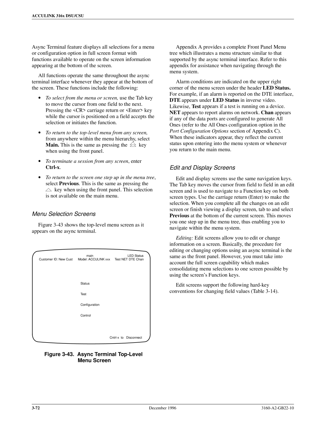 Paradyne 316x manual Menu Selection Screens, Edit and Display Screens 