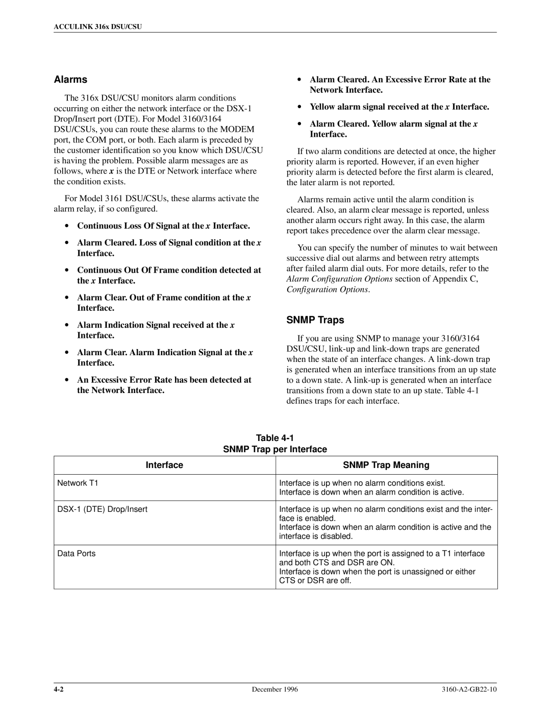 Paradyne 316x manual Alarms, Snmp Traps, Snmp Trap per Interface, Interface Snmp Trap Meaning 