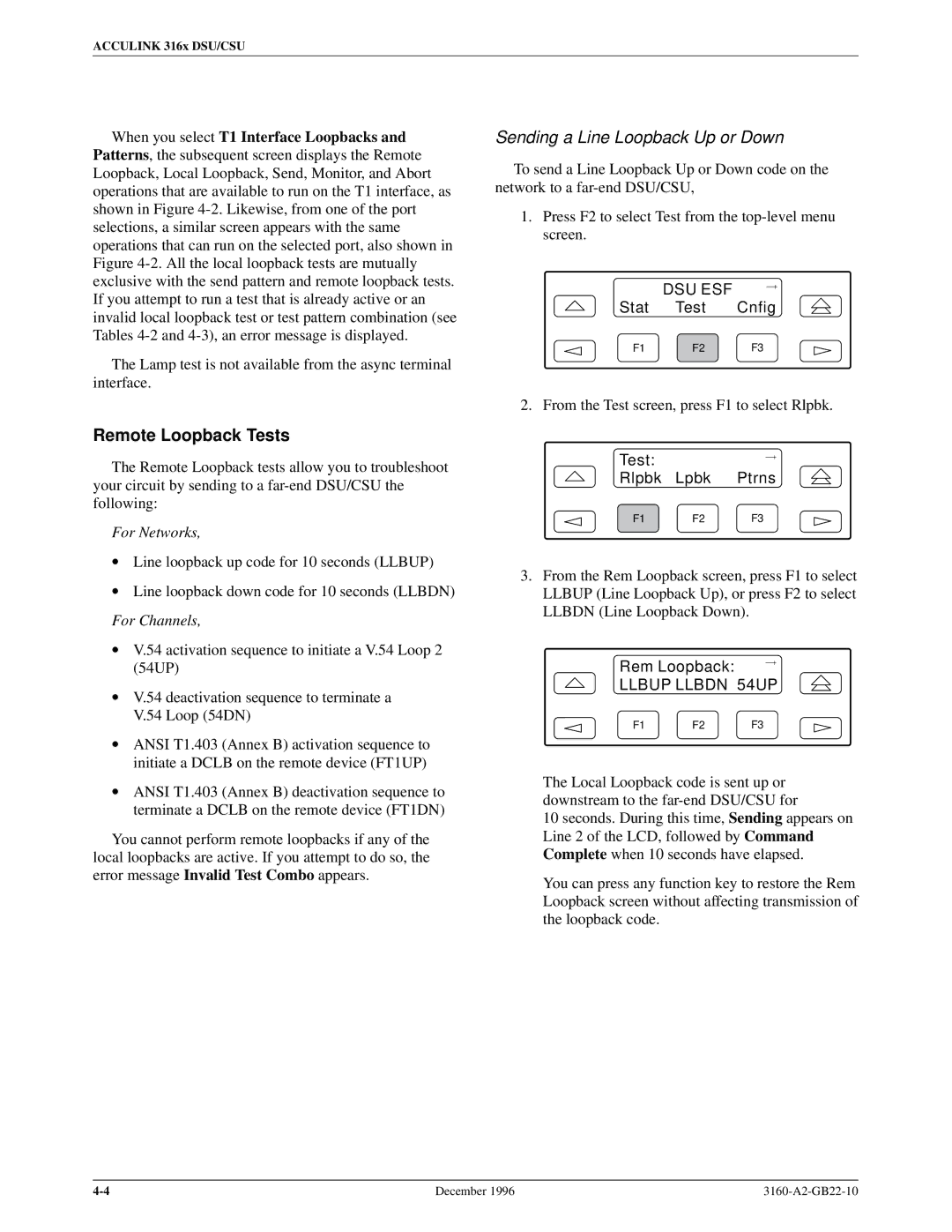 Paradyne 316x manual Remote Loopback Tests, Sending a Line Loopback Up or Down, Test Rlpbk Lpbk Ptrns, Rem Loopback 