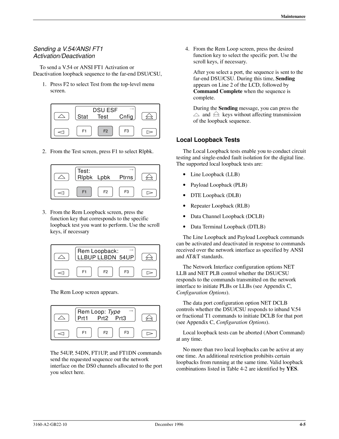 Paradyne 316x manual Sending a V.54/ANSI FT1 Activation/Deactivation, Local Loopback Tests, Rem Loop Type Prt1 Prt2 Prt3 