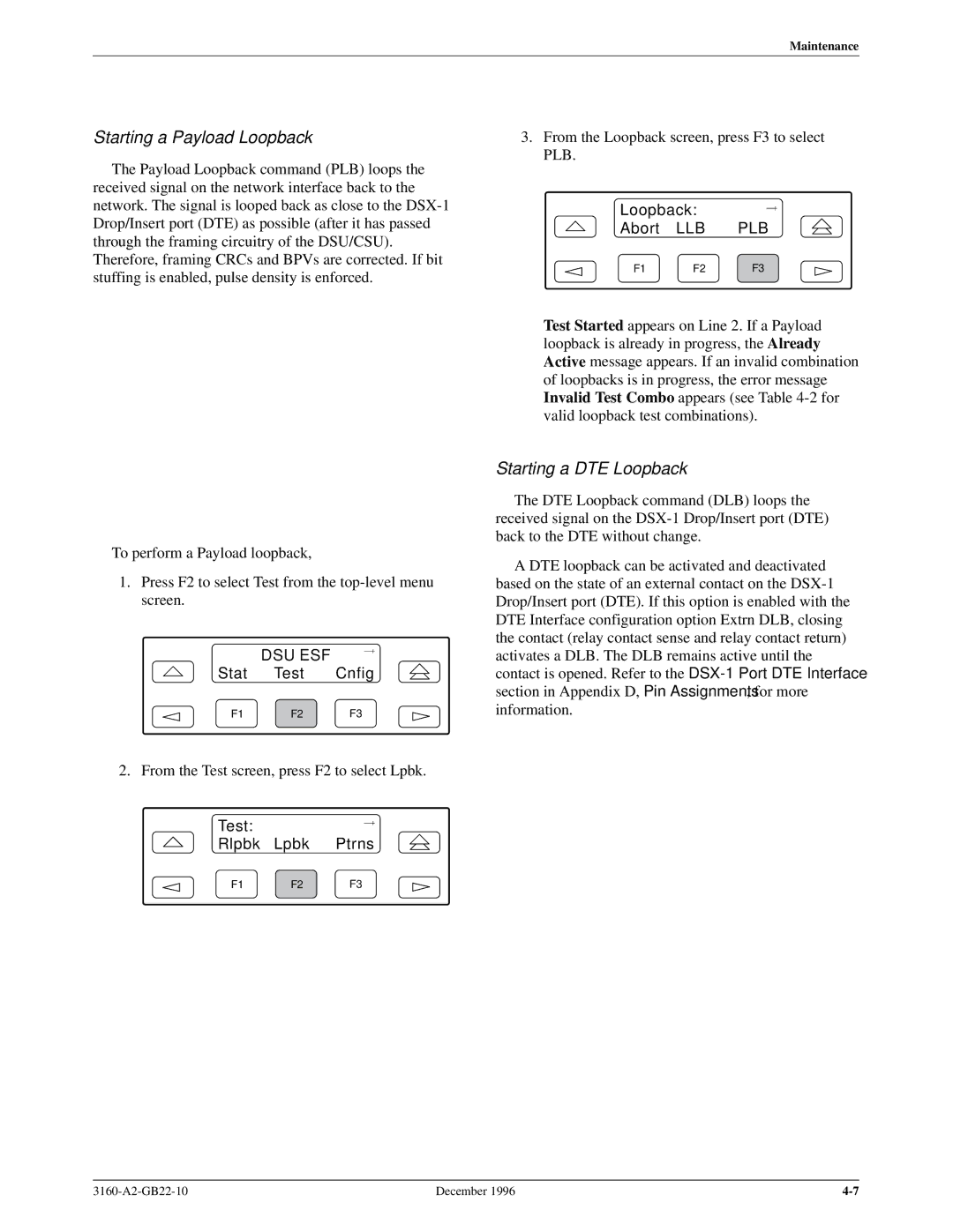 Paradyne 316x manual Starting a Payload Loopback, Starting a DTE Loopback 