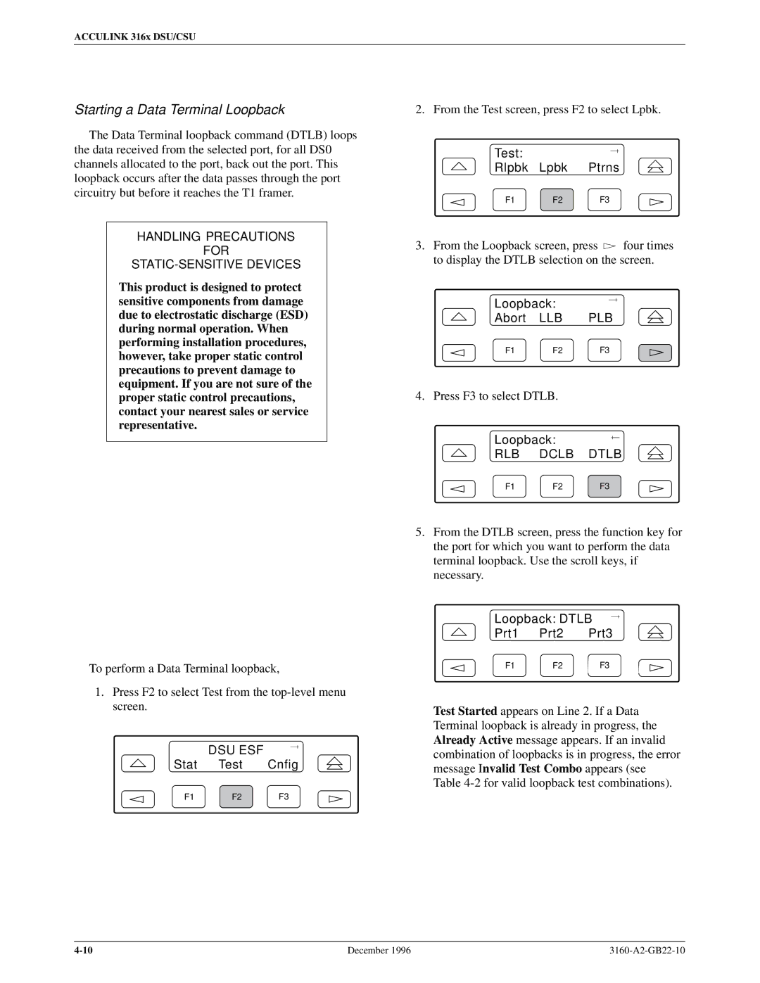 Paradyne 316x manual Starting a Data Terminal Loopback, RLB Dclb Dtlb, Loopback Dtlb Prt1 Prt2 Prt3 