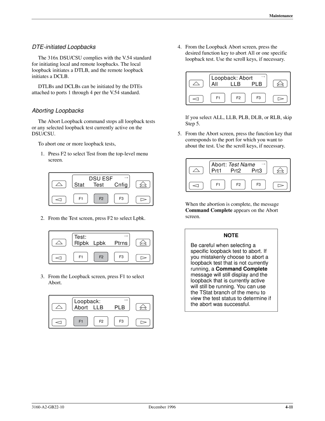 Paradyne 316x manual DTE-initiated Loopbacks, Aborting Loopbacks, Loopback Abort All, Llb Plb 