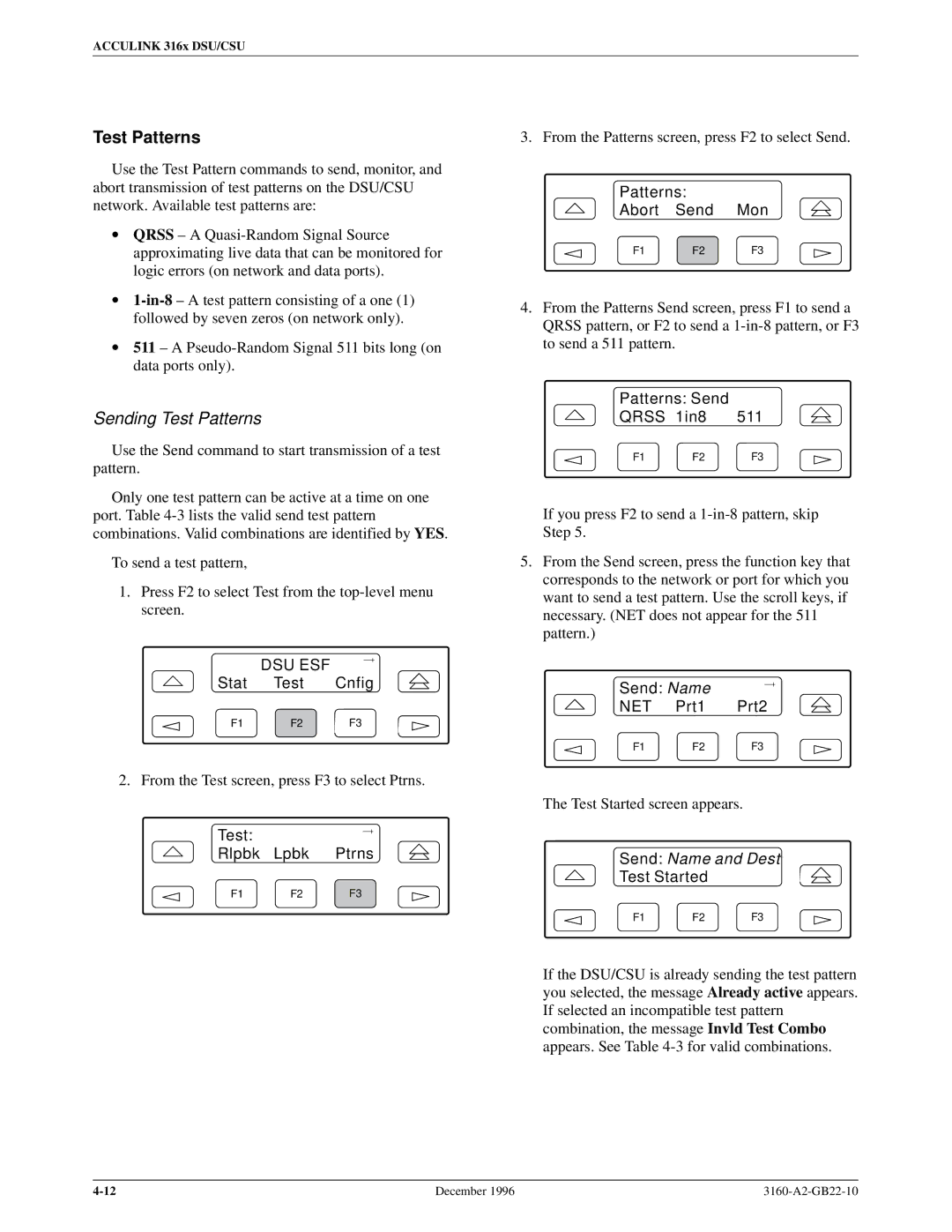 Paradyne 316x manual Sending Test Patterns 