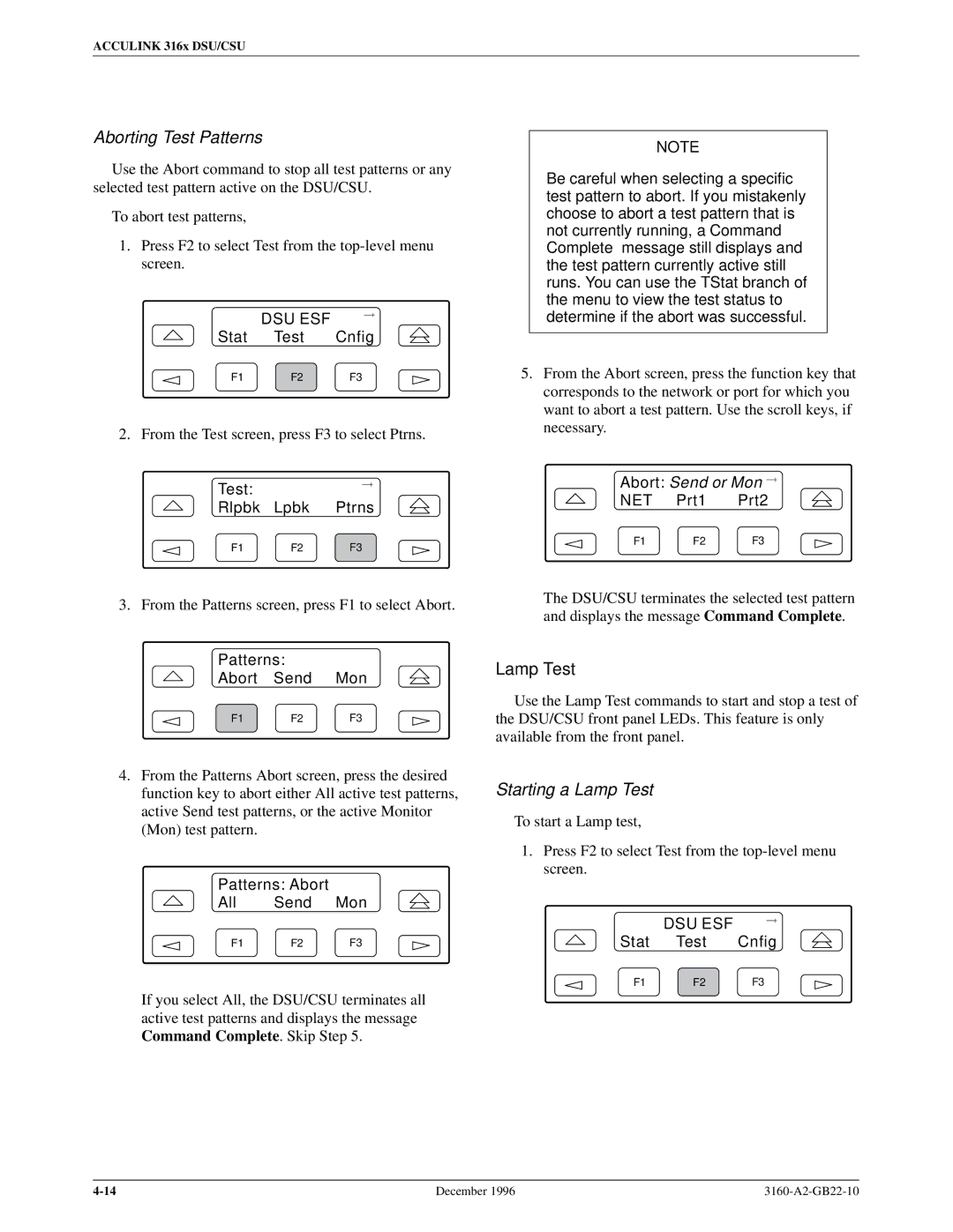 Paradyne 316x manual Aborting Test Patterns, Starting a Lamp Test, Patterns Abort All Send Mon 