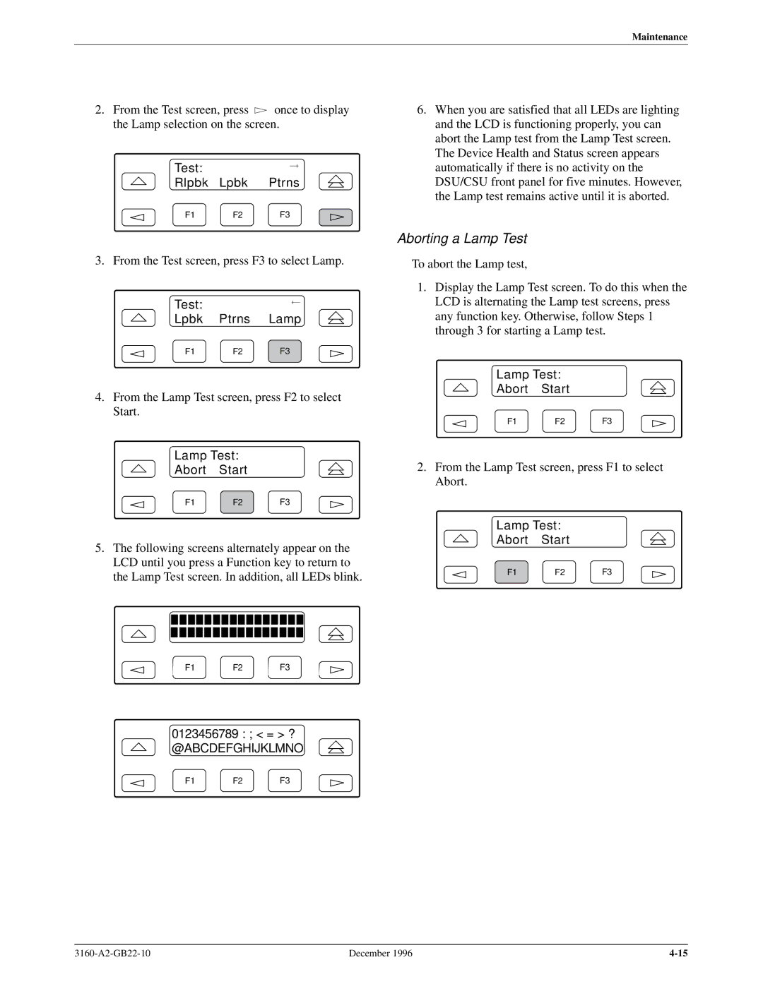 Paradyne 316x manual Aborting a Lamp Test, Test Lpbk Ptrns Lamp, Lamp Test Abort Start, 0123456789 = ?, @Abcdefghijklmno 