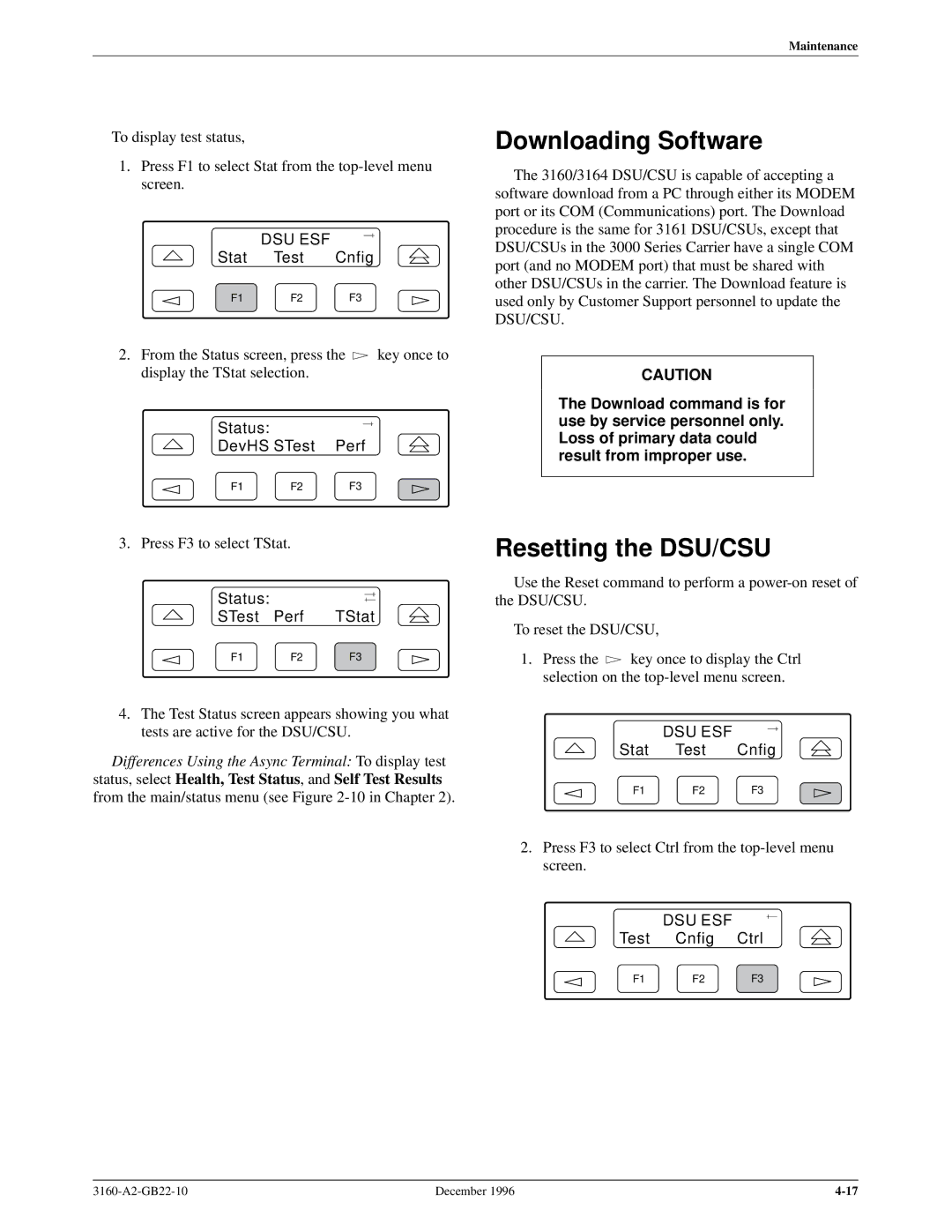 Paradyne 316x manual Downloading Software, Resetting the DSU/CSU, Status STest Perf TStat 