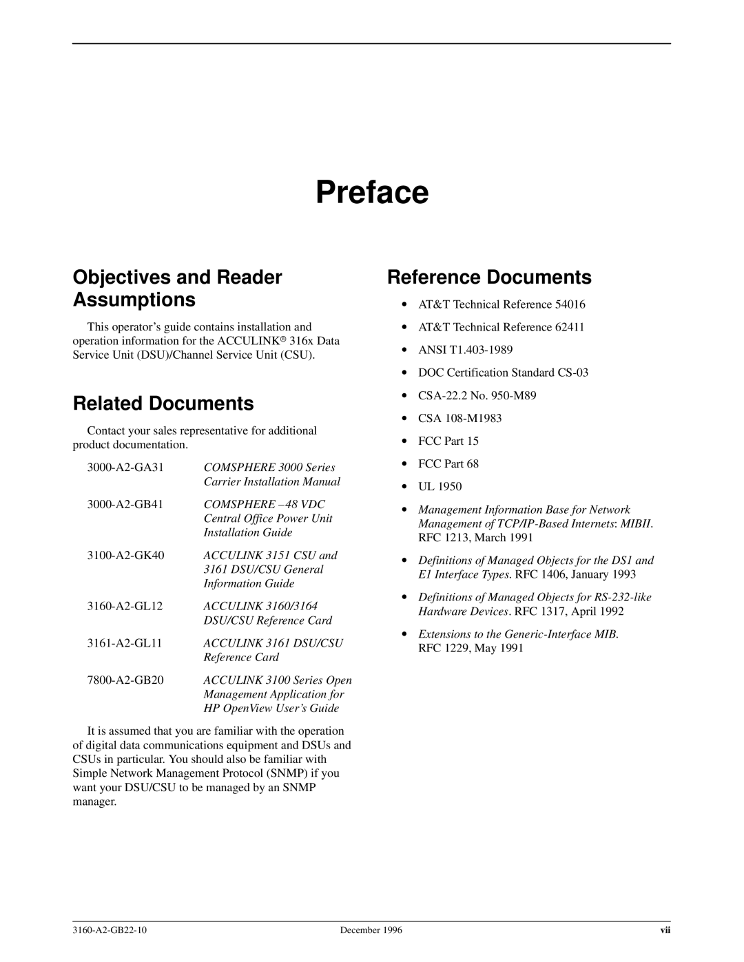 Paradyne 316x manual Preface, Objectives and Reader Assumptions, Related Documents, Reference Documents 