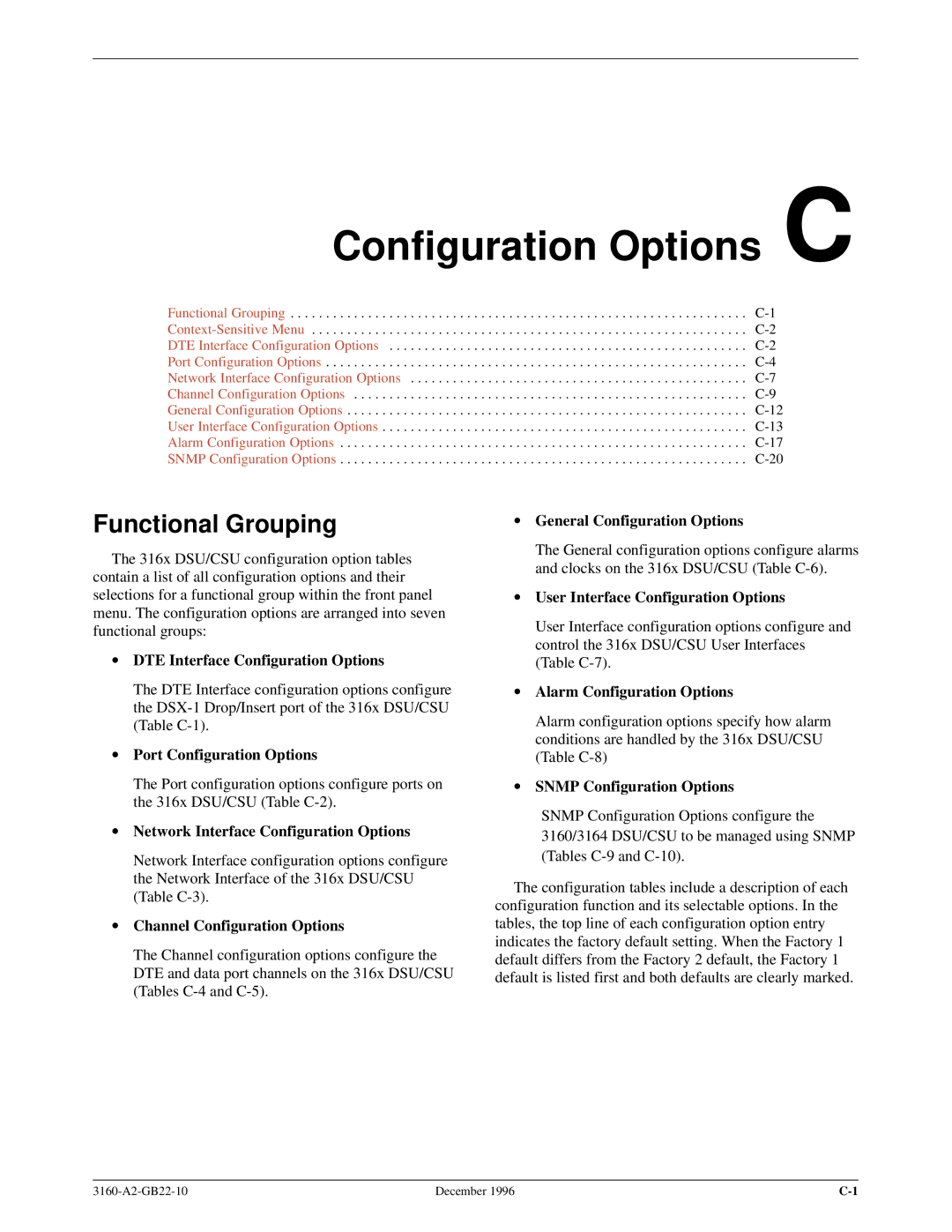 Paradyne 316x manual Configuration Options C, Functional Grouping 