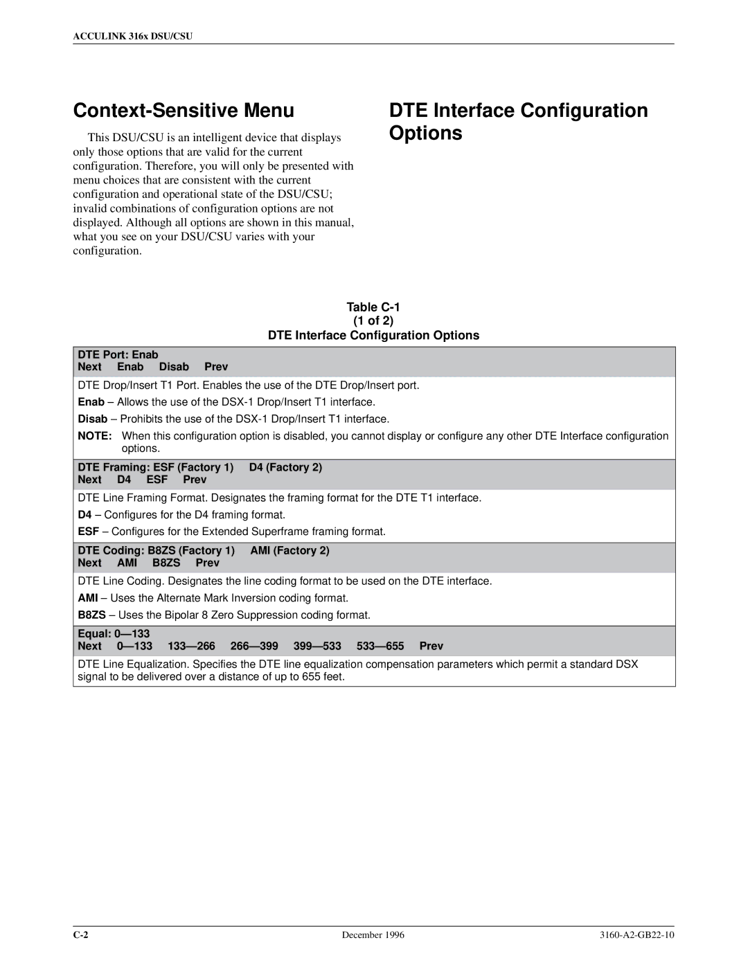 Paradyne 316x manual Context-Sensitive Menu, Table C-1 DTE Interface Configuration Options 