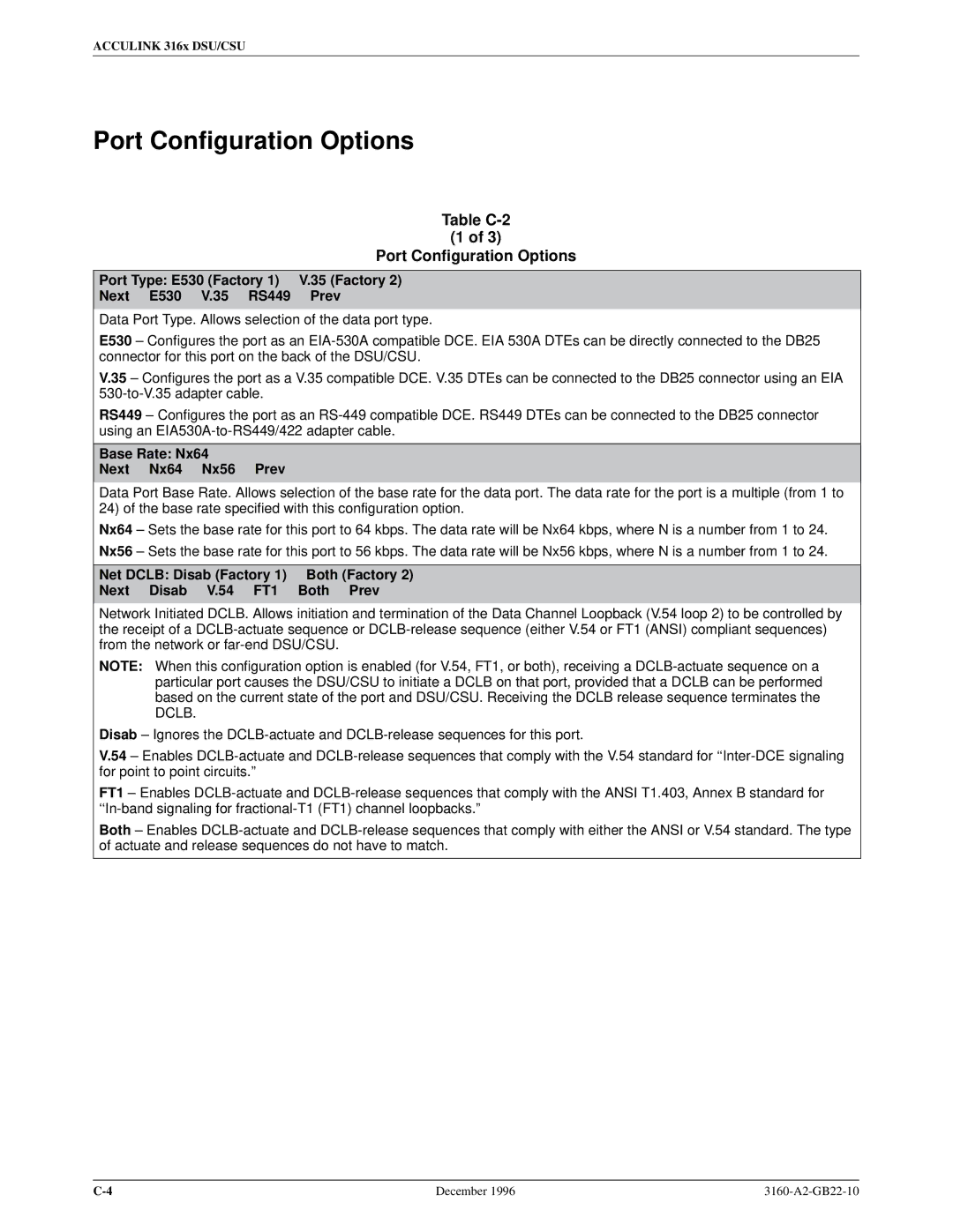 Paradyne 316x manual Port Configuration Options, Table C-2, Port Type E530 Factory Next E530 V.35 RS449 Prev 