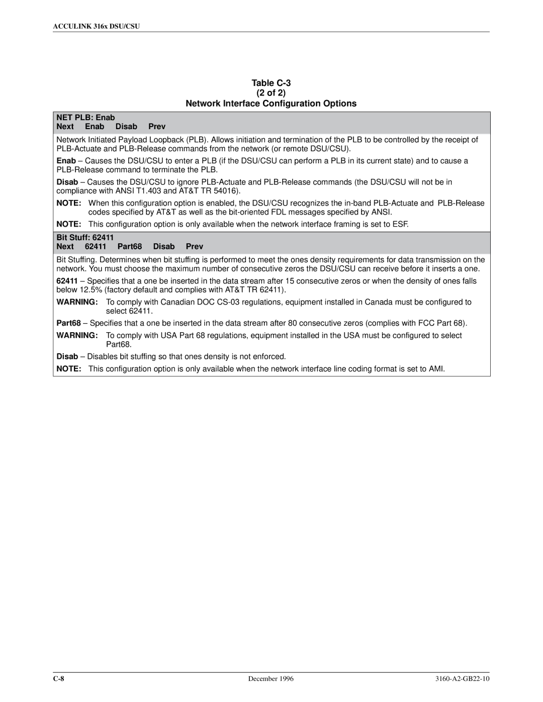 Paradyne 316x manual NET PLB Enab Next Enab Disab Prev, Bit Stuff Next 62411 Part68 Disab Prev 