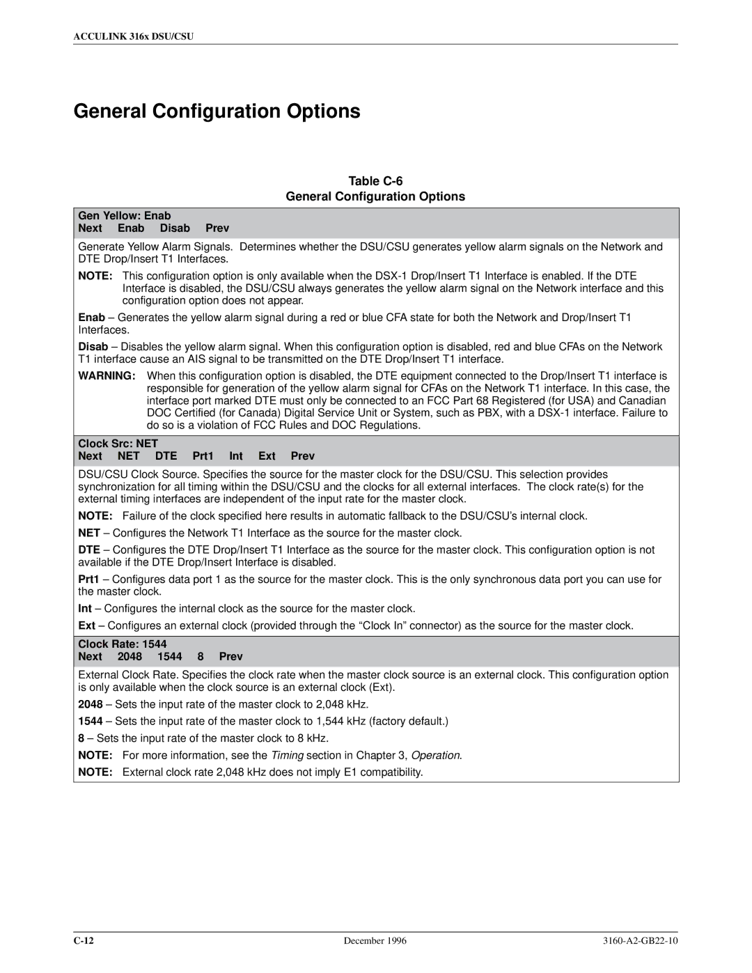 Paradyne 316x manual Table C-6 General Configuration Options, Gen Yellow Enab Next Enab Disab Prev 