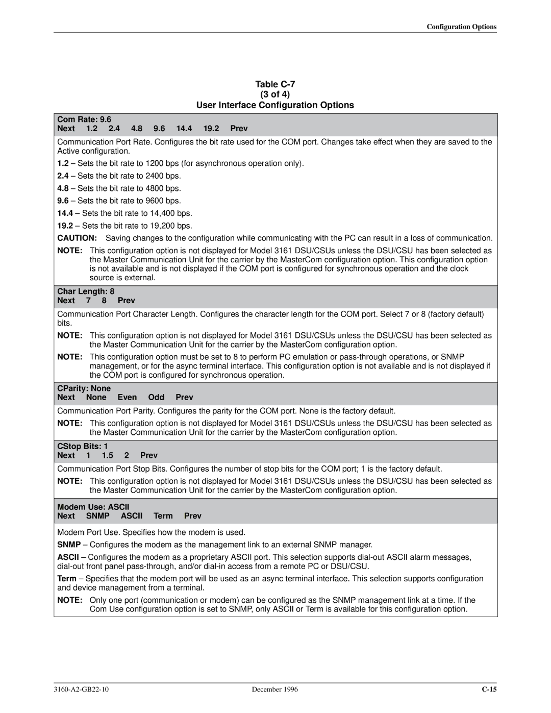 Paradyne 316x manual Com Rate Next 1.2 2.4 4.8 9.6 14.4 19.2 Prev, Char Length Next 7 8 Prev, CStop Bits Next 1 1.5 2 Prev 