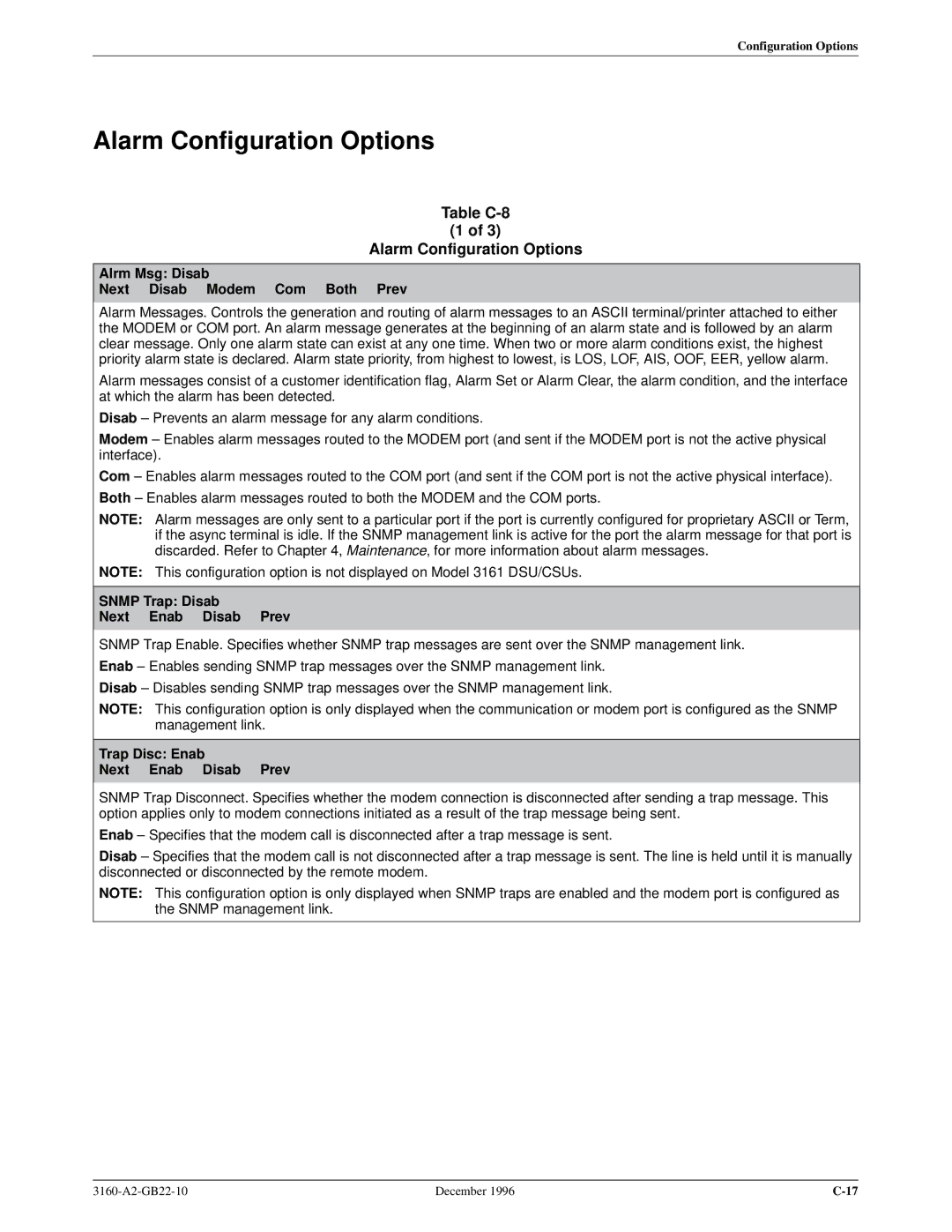 Paradyne 316x manual Table C-8 Alarm Configuration Options, Alrm Msg Disab Next Disab Modem Com Both Prev 