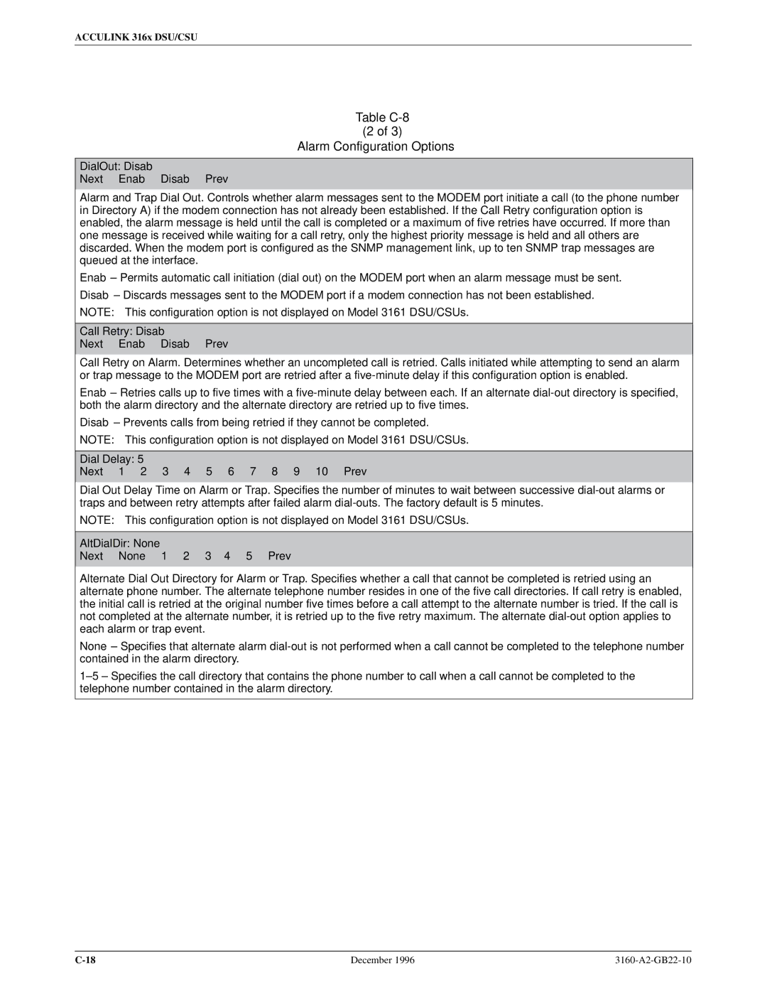 Paradyne 316x manual DialOut Disab Next Enab Disab Prev, Call Retry Disab Next Enab Disab Prev, Next None 1 2 3 4 5 Prev 