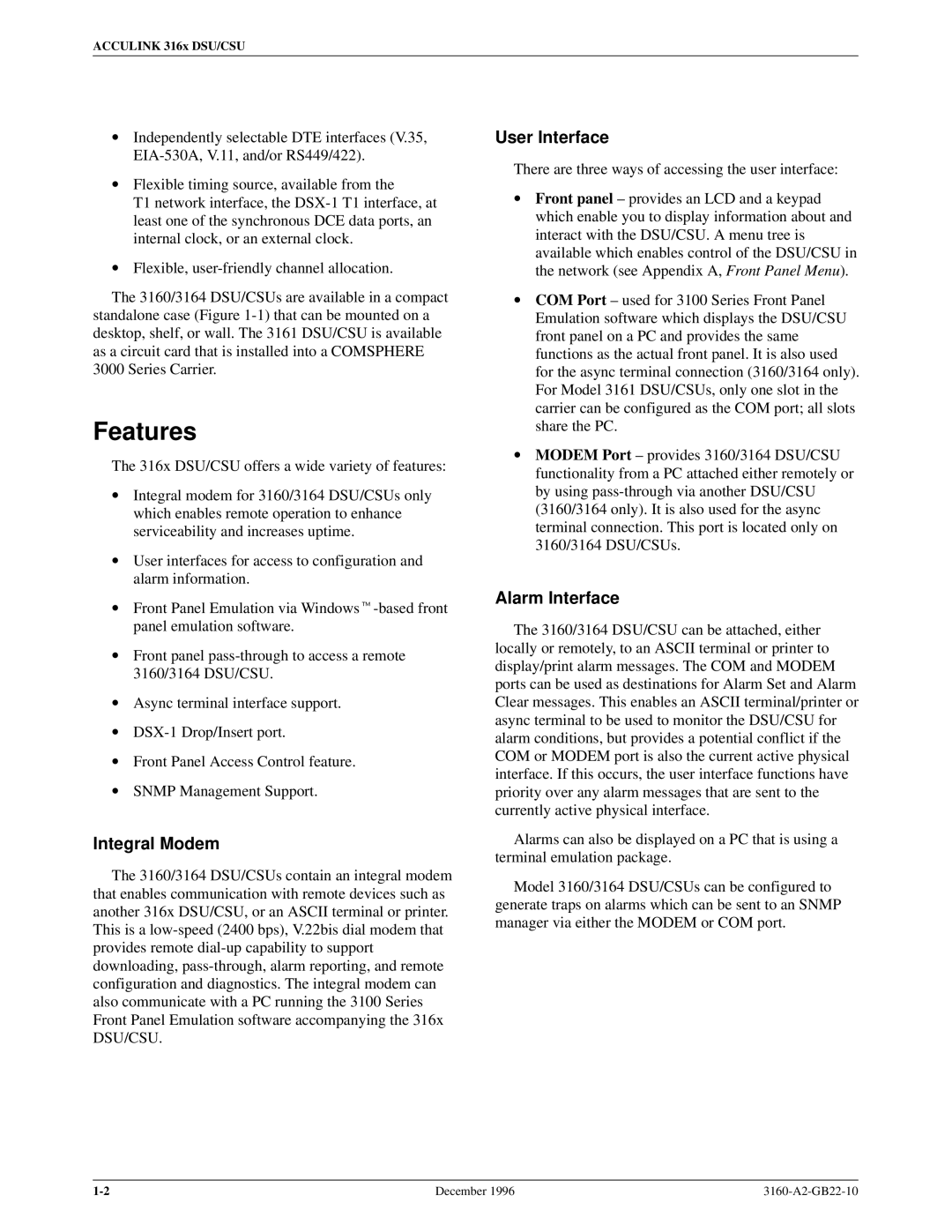 Paradyne 316x manual Features, Integral Modem, User Interface, Alarm Interface 