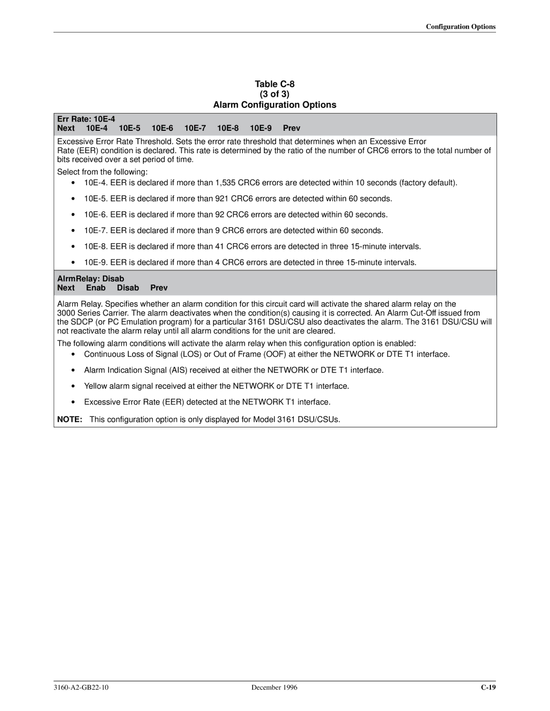 Paradyne 316x manual Err Rate 10E-4 Next 10E-4 10E-5 10E-6 10E-7 10E-8 10E-9 Prev, AlrmRelay Disab Next Enab Disab Prev 