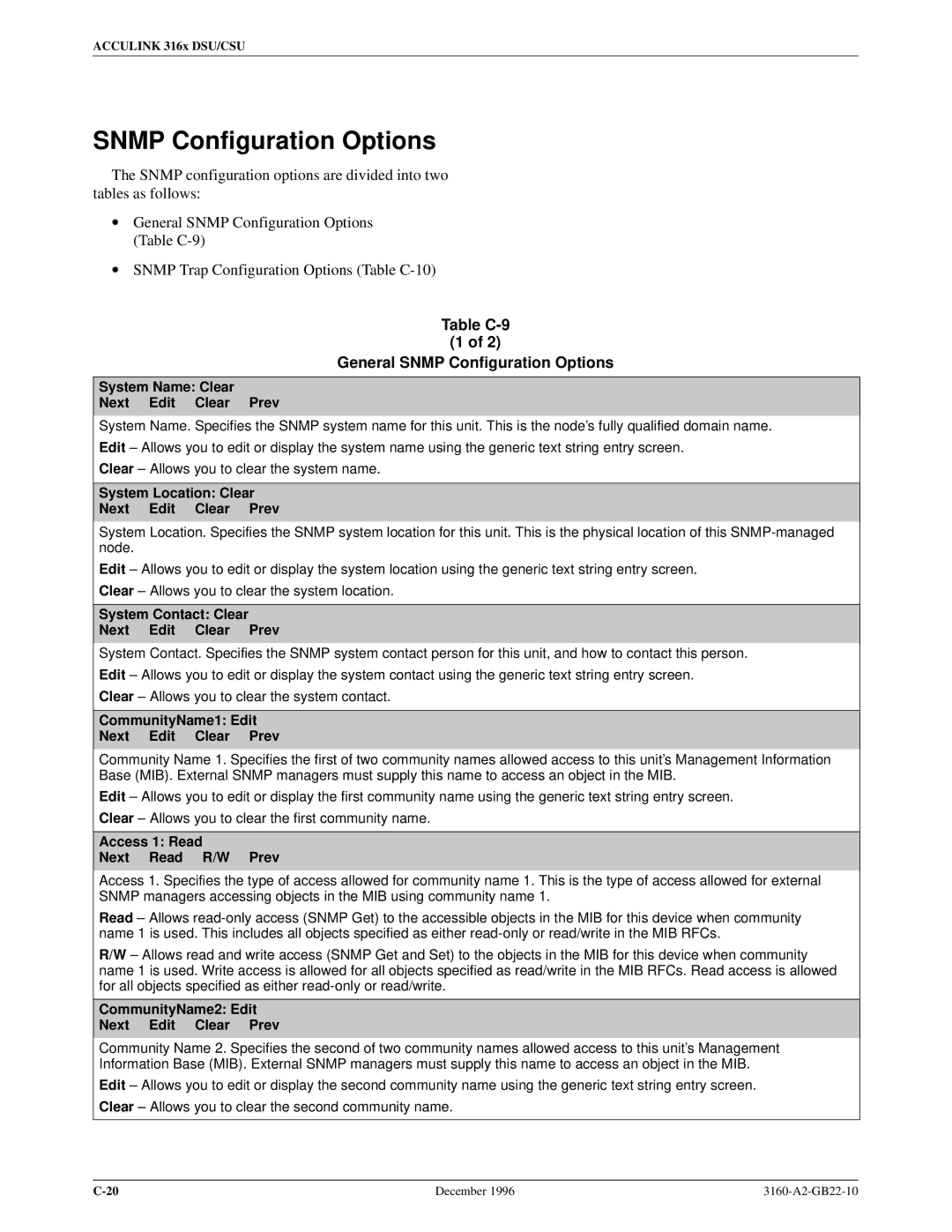 Paradyne 316x manual Table C-9 General Snmp Configuration Options 