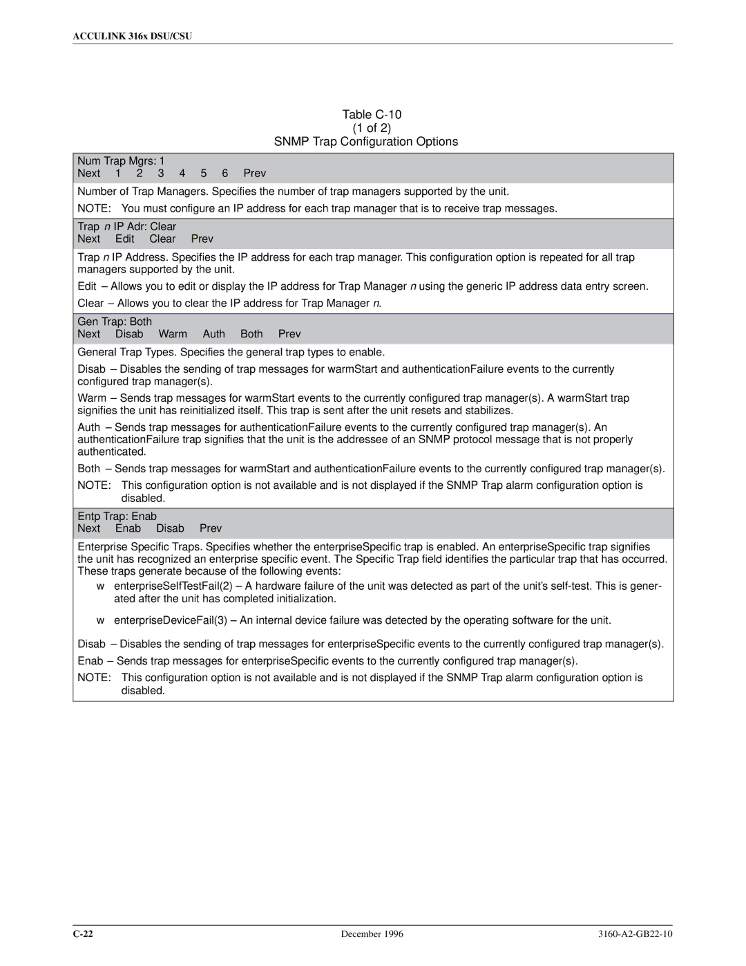 Paradyne 316x manual Table C-10 Snmp Trap Configuration Options, Num Trap Mgrs Next 1 2 3 4 5 6 Prev 