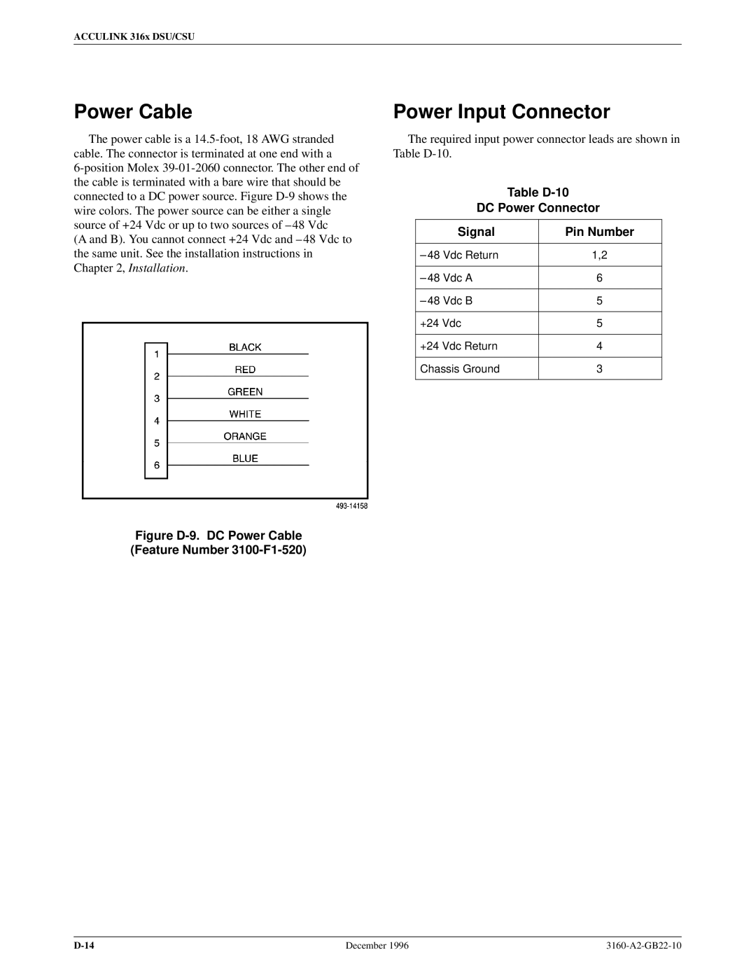 Paradyne 316x manual Power Cable, Power Input Connector, Table D-10 DC Power Connector Signal Pin Number 