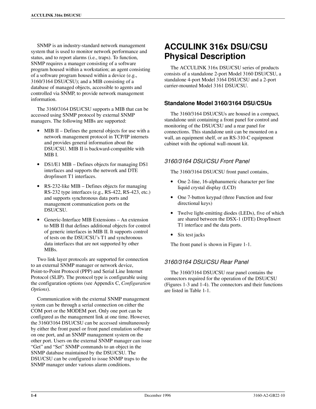 Paradyne Acculink 316x DSU/CSU Physical Description, Standalone Model 3160/3164 DSU/CSUs, 3160/3164 DSU/CSU Front Panel 