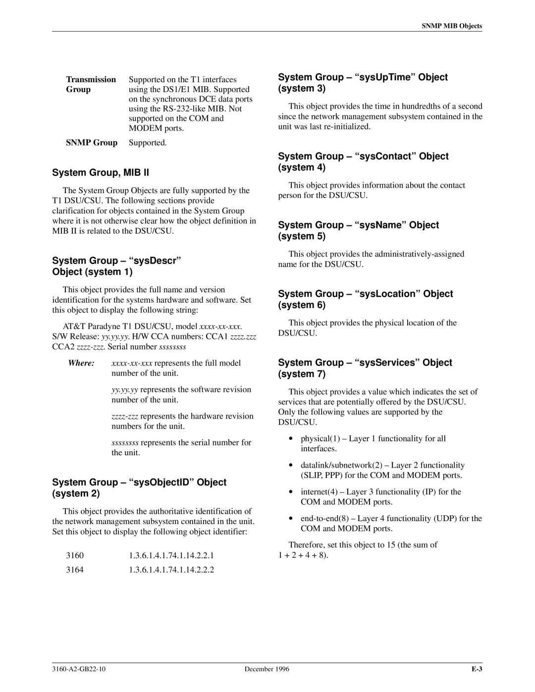 Paradyne 316x manual System Group, MIB, System Group ± ªsysDescrº Object system, System Group ± ªsysObjectIDº Object system 