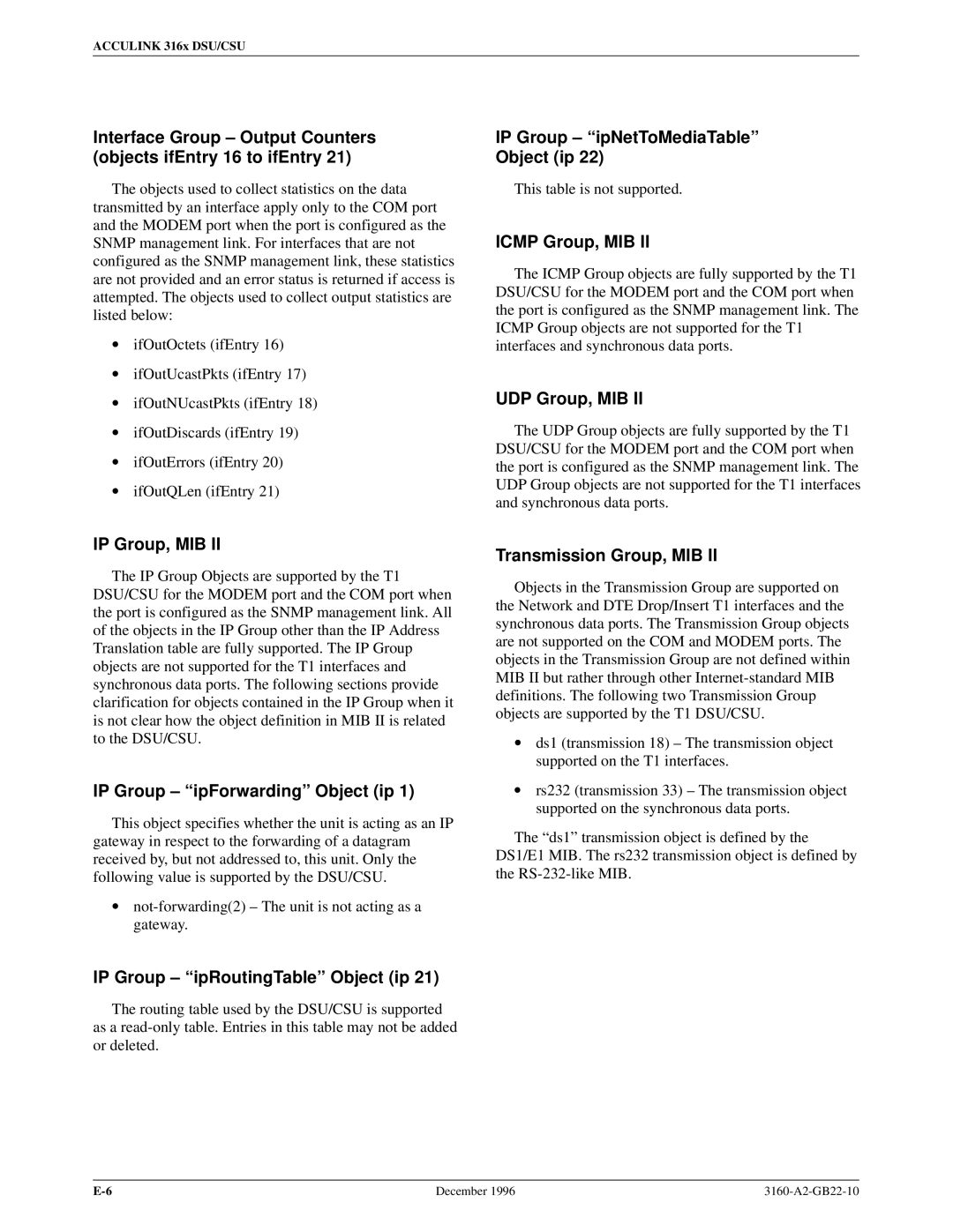 Paradyne 316x manual IP Group ± ªipNetToMediaTableº Object ip, Icmp Group, MIB, UDP Group, MIB, IP Group, MIB 