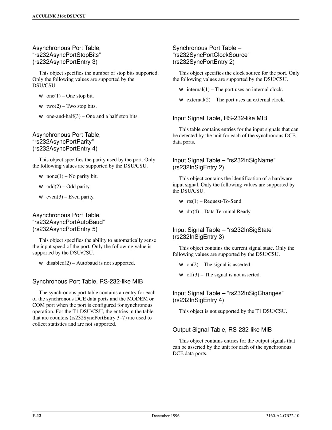 Paradyne 316x manual Synchronous Port Table, RS-232-like MIB, Input Signal Table, RS-232-like MIB 