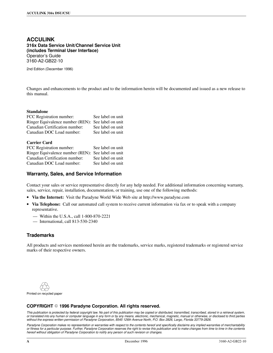 Paradyne 316x manual Warranty, Sales, and Service Information, Trademarks, Operators Guide 3160-A2-GB22-10 