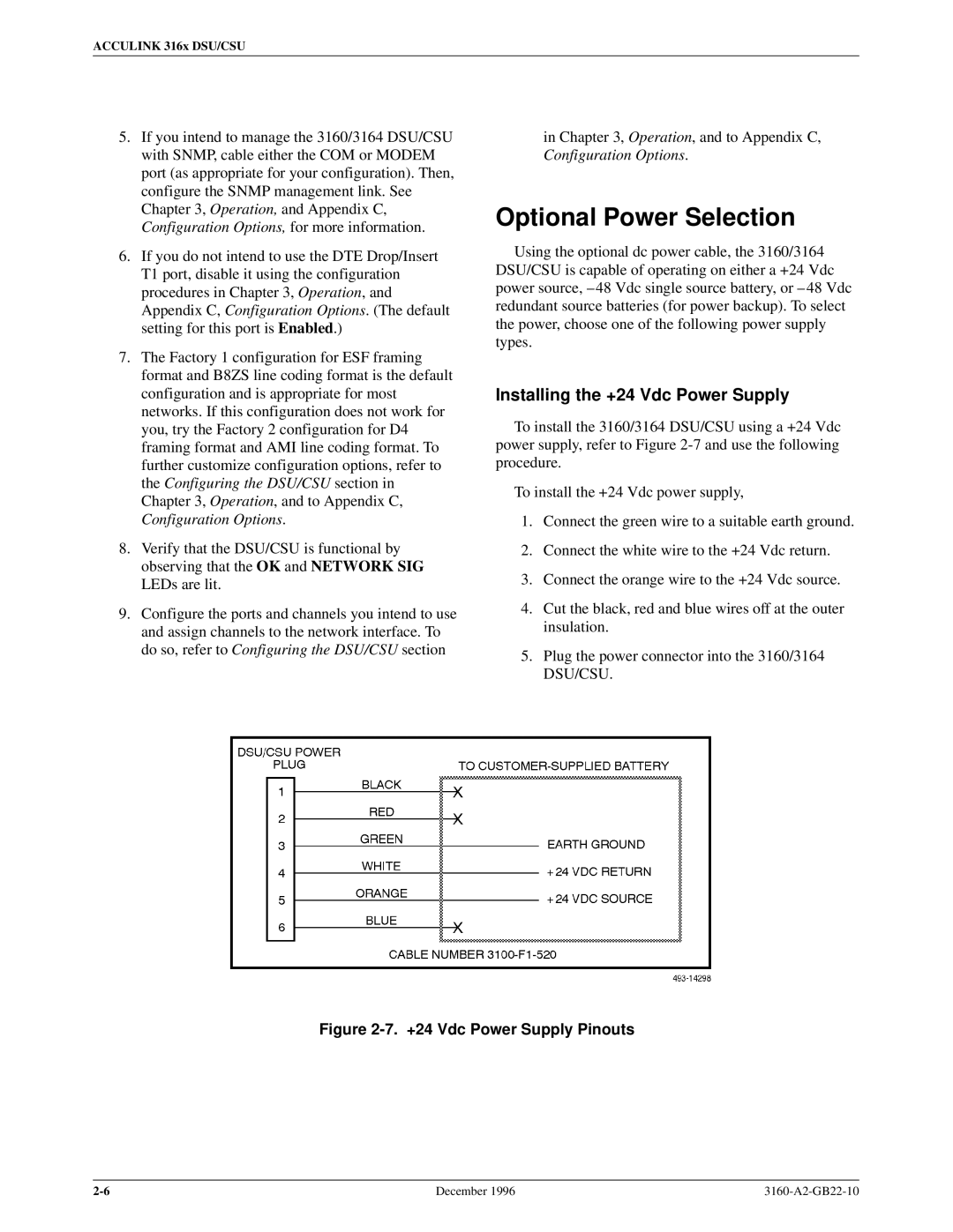 Paradyne 316x manual Optional Power Selection, Installing the +24 Vdc Power Supply 