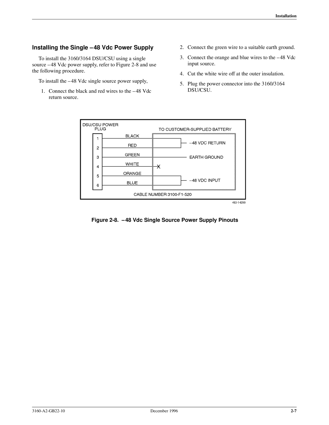 Paradyne 316x manual Installing the Single ±48 Vdc Power Supply, ±48 Vdc Single Source Power Supply Pinouts 