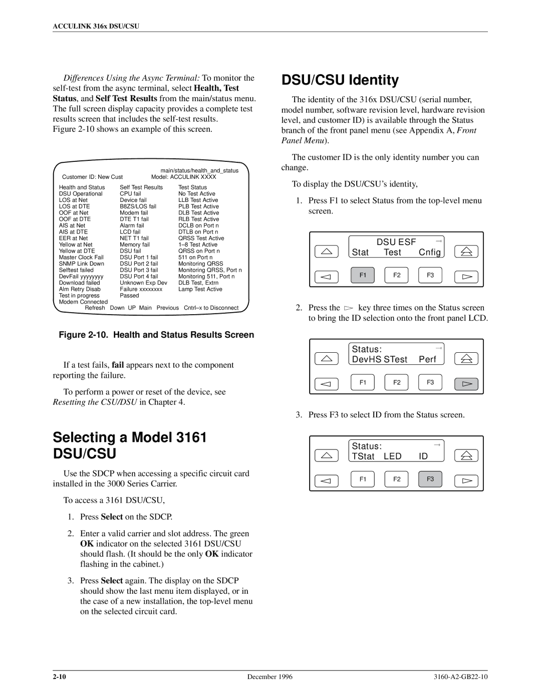 Paradyne 316x manual Selecting a Model, DSU/CSU Identity, Status DevHS STest Perf, Status TStat LED ID 