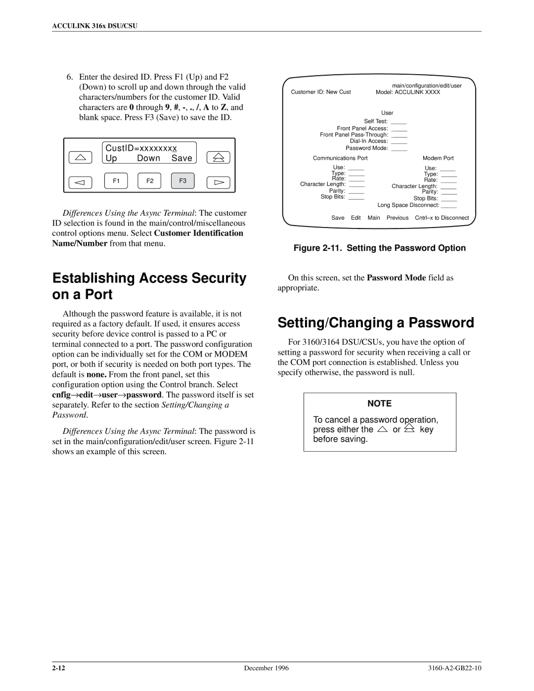 Paradyne 316x manual Establishing Access Security on a Port, Setting/Changing a Password 