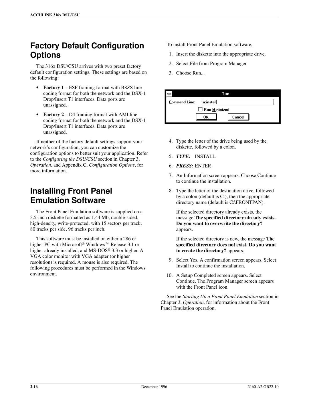 Paradyne 316x manual Factory Default Configuration Options, Installing Front Panel Emulation Software 