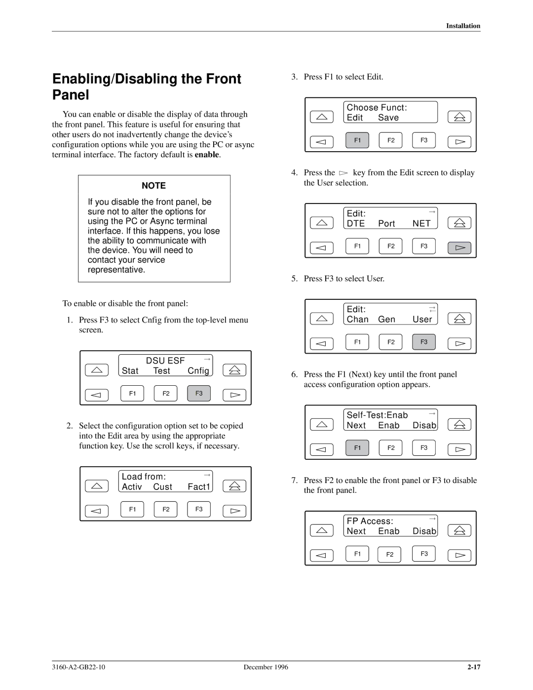 Paradyne 316x manual Enabling/Disabling the Front Panel 