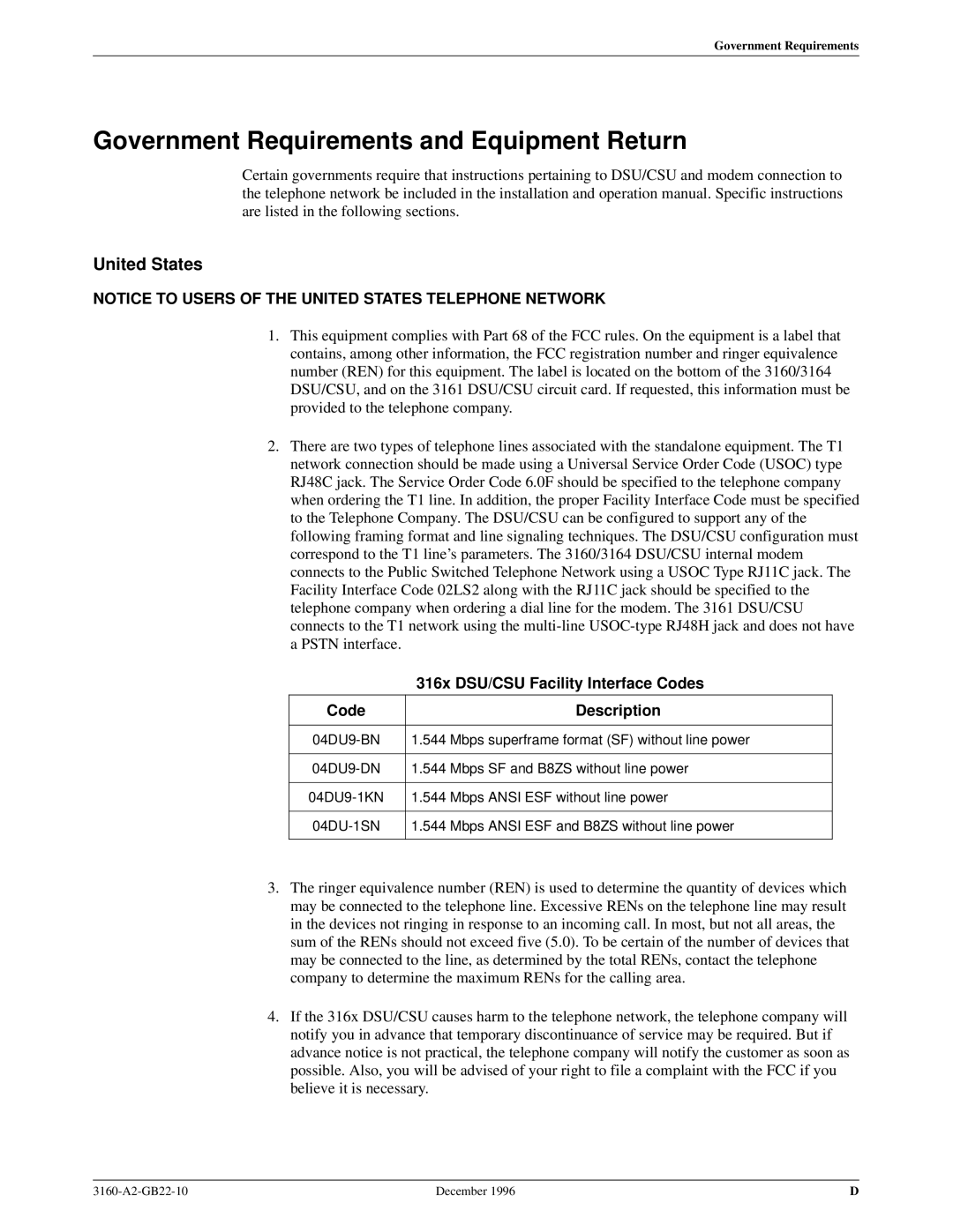 Paradyne 316x manual Government Requirements and Equipment Return, United States 