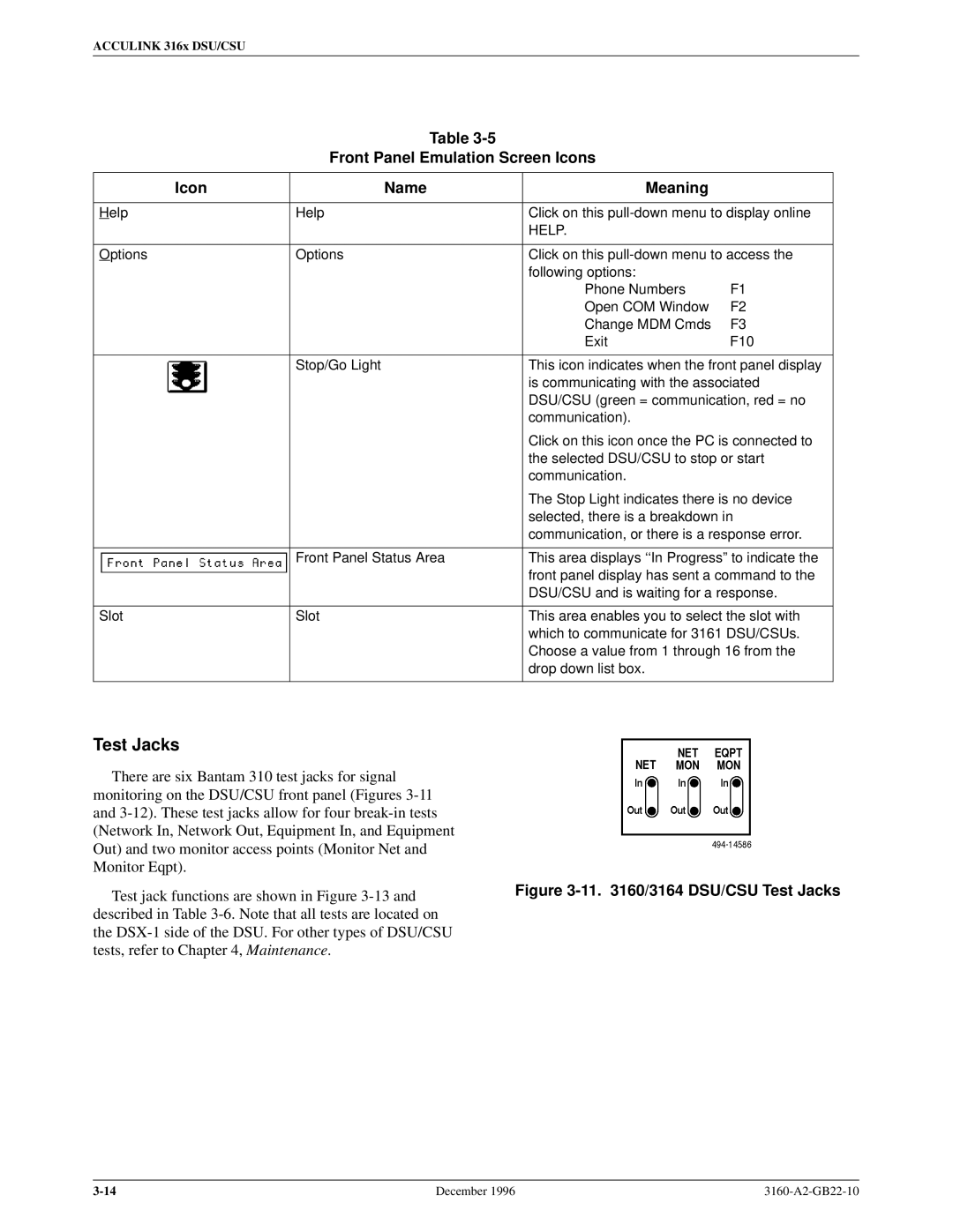 Paradyne 316x manual Test Jacks, Front Panel Emulation Screen Icons Name Meaning 