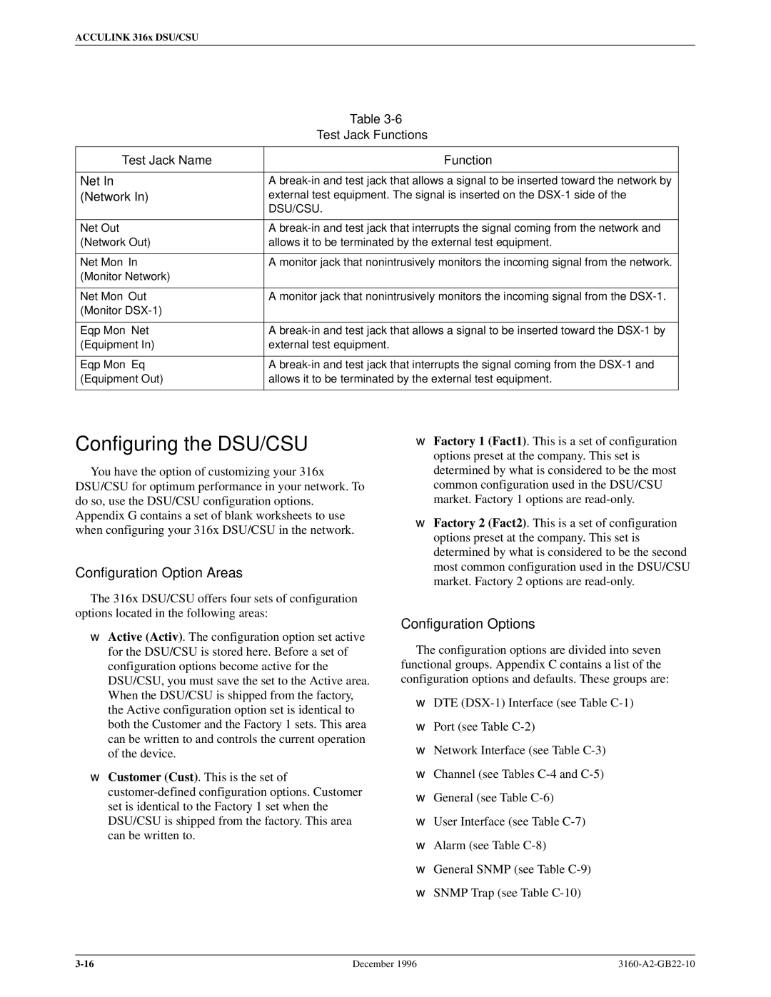Paradyne 316x manual Configuring the DSU/CSU, Configuration Option Areas, Configuration Options, Test Jack Functions 