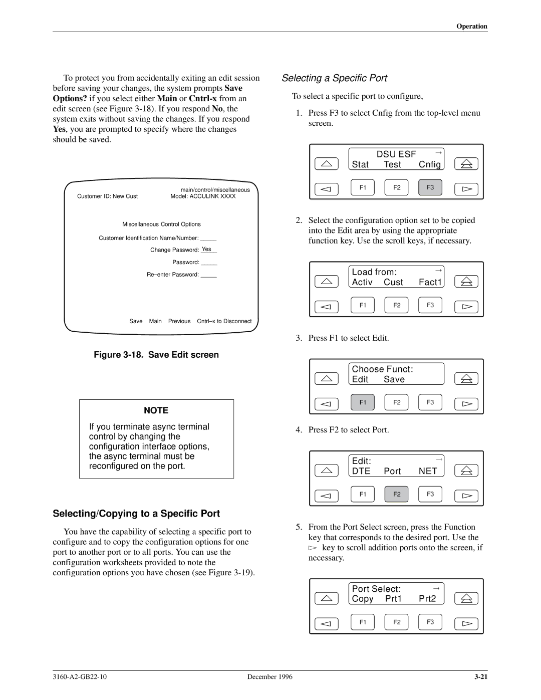 Paradyne 316x manual Selecting/Copying to a Specific Port, Selecting a Specific Port, Port Select Copy Prt1 Prt2 