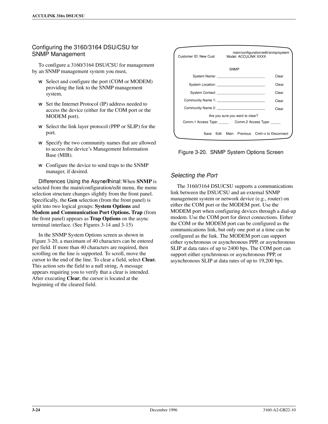 Paradyne 316x manual Configuring the 3160/3164 DSU/CSU for Snmp Management, Selecting the Port 