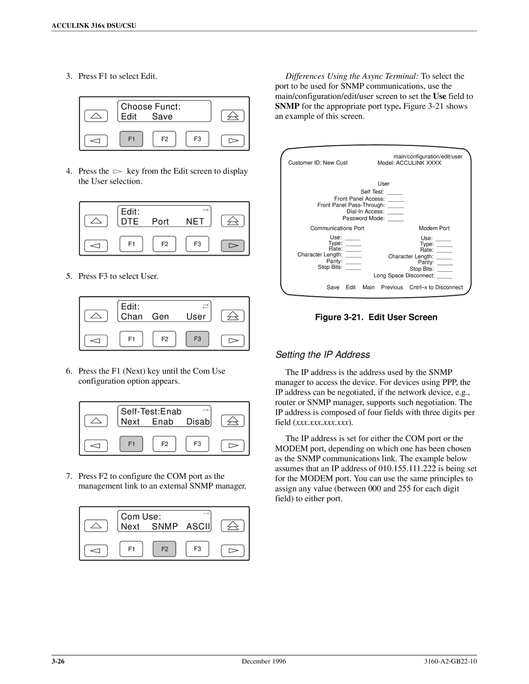 Paradyne 316x manual Setting the IP Address, Com Use Next Snmp Ascii 